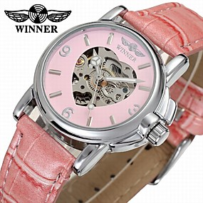 baratos Relógios Mecânicos-WINNER Mulheres Relógio Elegante Relógio Esqueleto Relógio de Pulso Automático - da corda automáticamente Couro Preta / Azul / Rosa 30 m Gravação Oca Analógico senhoras Elegante Colorido - Preto Rosa