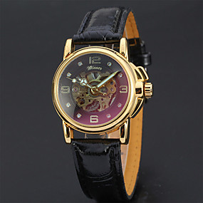 baratos Relógios Mecânicos-Mulheres relógio mecânico Elegante Minimalista Preta Branco Couro Legitimo Quartzo Branco Preto Gravação Oca Analógico