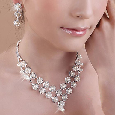 baratos Conjunto de Bijuteria-Pérola Conjunto de Jóias Colares com Pendentes Franjas senhoras Borla Festa Dupla camada Pérola Zircônia Cubica Prata Chapeada Brincos Jóias Branco Para Festa Aniversário Noivado Presente
